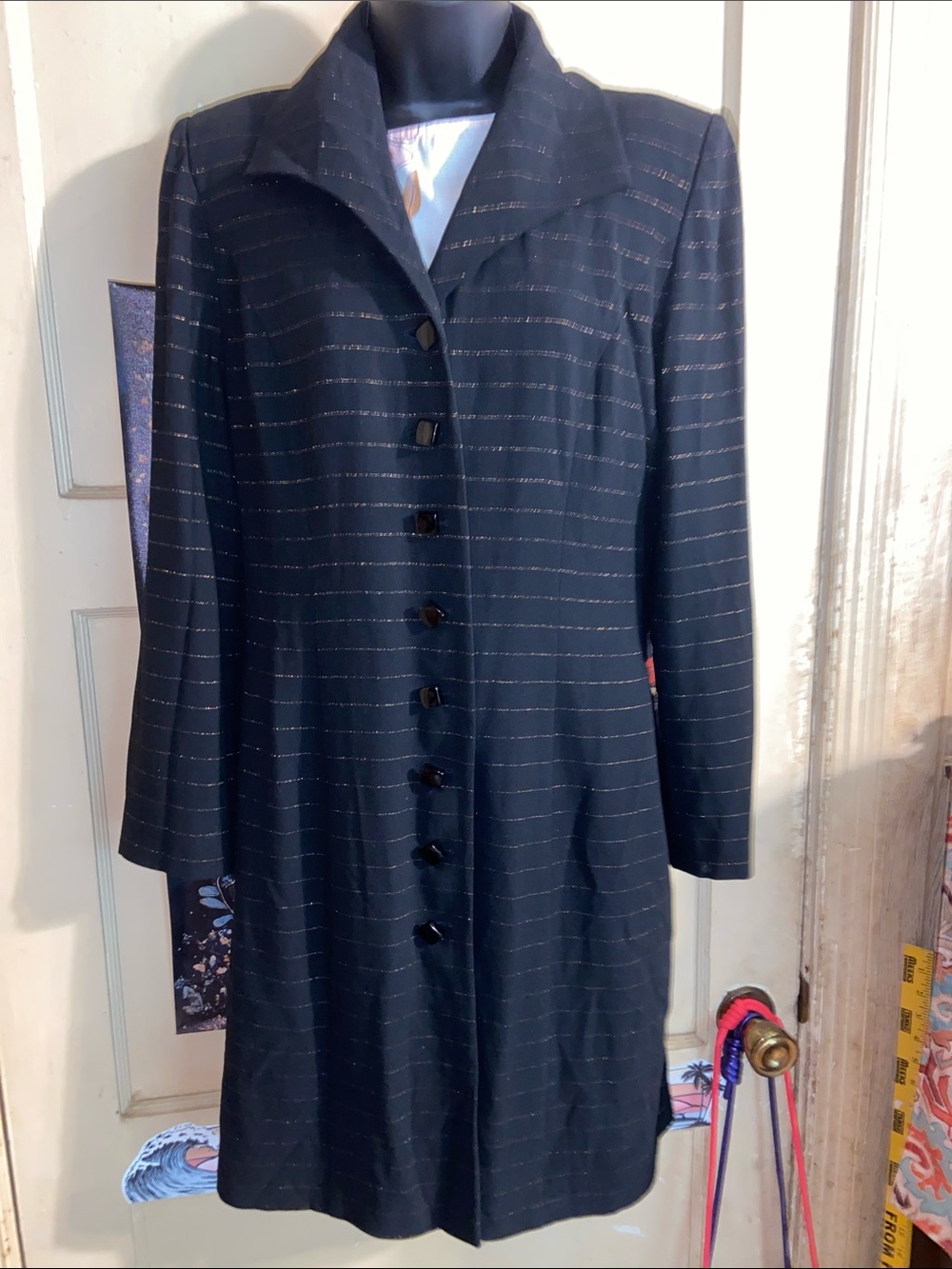 VTG BLACK FLAIR JACKET Glitter Pinstripes Knee Length ROGER SAKOUN PARIS FRANCE